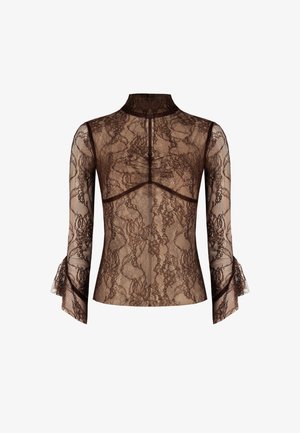 Top in pizzo marrone con collo alto, maniche lunghe e polsini svasati. Il pizzo presenta un motivo floreale con dettagli intricati.