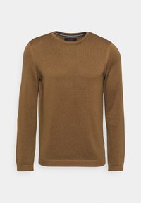 Brun sweatshirt med rund halsringning och långa ärmar, tillverkad av mjukt tyg. Har ribbade muddar och nederkant, slät yta och en enkel design.