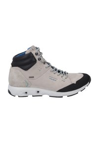 Jasnoszare buty wysokie wykonane z zamszu, z czarnym skórzanym kołnierzem, niebieskimi akcentami i teksturowaną gumową podeszwą z wzmocnionym toe.