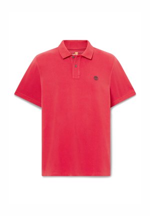 Rotes Kurzarm-Poloshirt mit Zweiknopf-Leiste und kleinem schwarzen, gesticktem Logo auf der linken Brust.
