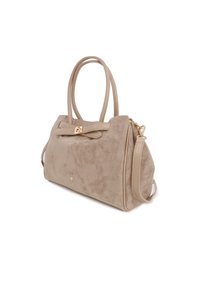 Borsa beige realizzata in similpelle scamosciata con un design strutturato, doppio manico, una tracolla rimovibile e un accento decorativo a forma di fiocco sul davanti.