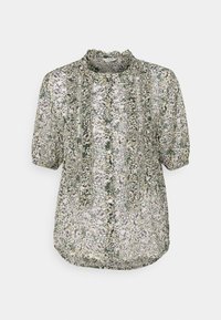 Blusa trasparente con scollatura arricciata, maniche corte e stampa floreale nelle tonalità di verde e bianco, con dettagli a pannelli verticali.