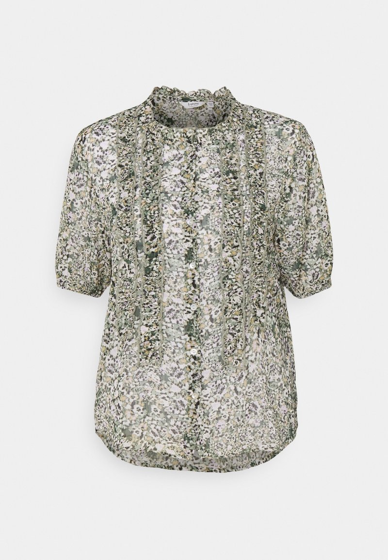 Blusa trasparente con scollatura arricciata, maniche corte e stampa floreale nelle tonalità di verde e bianco, con dettagli a pannelli verticali.