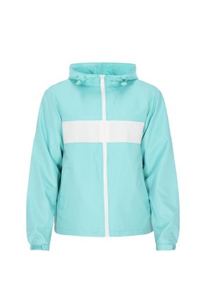 Hele sinine tuulejope, millel on valge horisontaalne triip. Omab kapuutsi, eesmine tõmblukk ja küljetaskud. Valmistatud kergest materjalist.