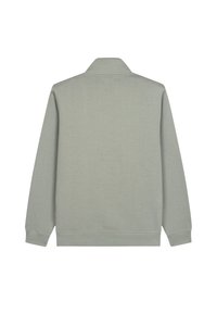 Hellgrau, langärmliges Sweatshirt mit Kragen, das eine glatte Textur und elastische Bündchen aufweist. Einfaches Design, keine sichtbaren Logos oder Muster.