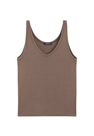 Brun ribbet tanktop med dyb U-hals og brede skulderstropper, har en glat tekstur og en afslappet pasform. Mærkelabel ved halsudskæringen.