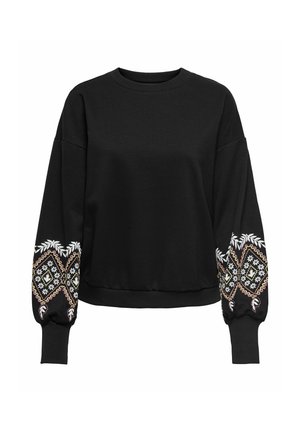 Melns svītrains krekls ar garām piedurknēm, kas rotāts ar sarežģītu ziedu un ģeometrisko izšuvumu baltās un krāsainās diegos uz piedurknēm.