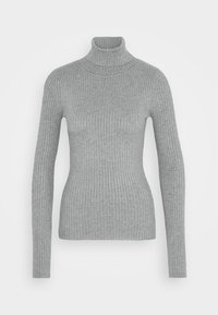 Maglione grigio a collo alto con maniche lunghe. Presenta una forma aderente e un motivo texture. Il tessuto sembra morbido ed elastico.