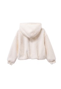 Plüschige weiße Kapuzenjacke mit langen Ärmeln und gerippten Bündchen, von hinten auf einem weißen Hintergrund gezeigt.