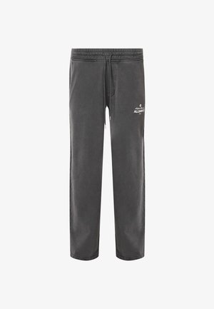 Graue Sweatpants mit elastischem Bund, Kordelzug, Seitentaschen und weißen Logo-Details. Glatte Textur und taillierter Schnitt.