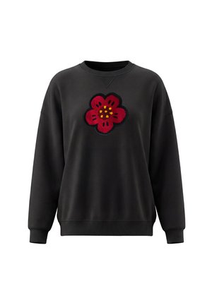 Sort langærmet crewneck-sweatshirt med ribkant ved manchetter og bund, med en rød blomst med gule prikker broderet midt forpå.