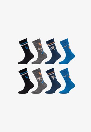 Vier Paar Crew-Socken in Schwarz, Grau, Marineblau und Blau mit Designs von Comic-Schädeln, Blitz und gestreiften Mustern, angeordnet in zwei Reihen.