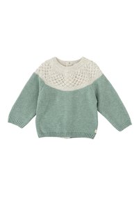 Suéter de punto con un yugo texturizado en crema y cuerpo en verde menta sólido. Puños y dobladillo acanalados, corte relajado, con una pequeña etiqueta de la marca en el lateral.