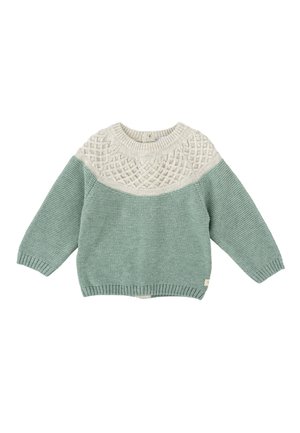 Suéter de punto con un yugo texturizado en crema y cuerpo en verde menta sólido. Puños y dobladillo acanalados, corte relajado, con una pequeña etiqueta de la marca en el lateral.