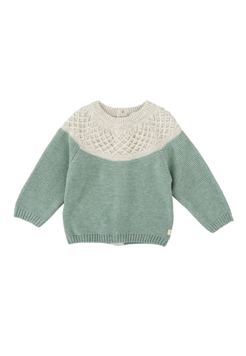 Suéter de punto con un yugo texturizado en crema y cuerpo en verde menta sólido. Puños y dobladillo acanalados, corte relajado, con una pequeña etiqueta de la marca en el lateral.