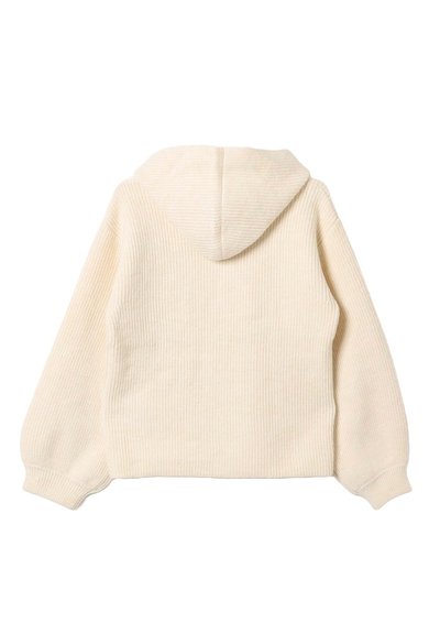 Hoodie accorciato color crema con texture a coste. Presenta un cappuccio, maniche ampie e un design semplice senza ulteriori decorazioni.