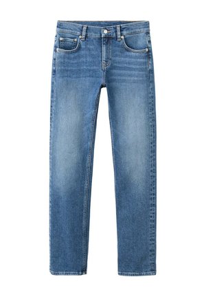 Vaqueros de denim azul con bolsillos delanteros, trabillas para cinturón y cierre de botón y cremallera, mostrados planos sobre un fondo blanco.