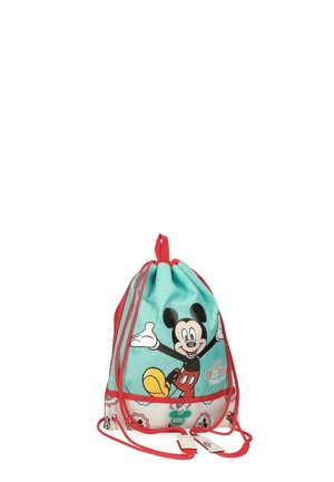 Mochila con cordones rojos que presenta a Mickey Mouse con los brazos abiertos sobre un fondo turquesa y el texto "Mejores amigos juntos".