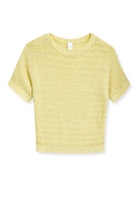 Gehäkelter gelber Pullover mit kurzen Ärmeln, rundem Ausschnitt und einem strukturierten Streifenmuster. Kurz geschnitten mit geripptem Saum.