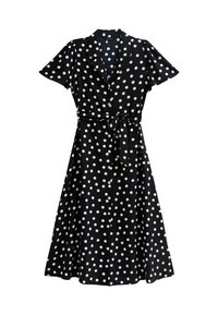Vestido negro con lunares blancos, de mangas cortas, con botones en la parte delantera, cinturilla con lazo y falda acampanada. Tejido suave con textura lisa.