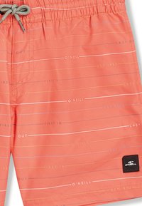 Korallfärgade badshorts i ett lätt tyg, med horisontella linjer i vitt, blått och gult, med en logotypflik och dragsko i midjan.