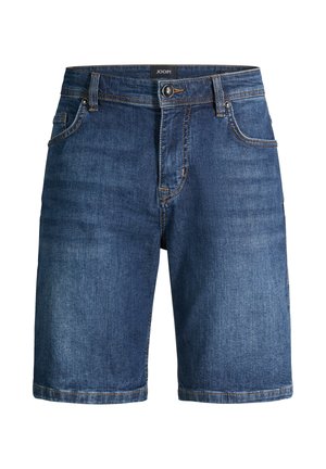 Pantaloncini di jeans blu fino al ginocchio con bottone frontale, cerniera, passanti per cintura e tasche frontali, con etichetta JOOP! in vita.
