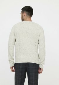 Hellgrauer Strickpullover mit gesprenkelter Textur, Rundhals, und geripptem Saum. Getragen mit karierter Hose, von hinten angesehen.