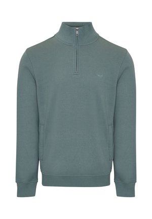Langærmet grøn sweatshirt med kvart-lynlås, ribstrikket krave, manchetter og kant, med subtilt logo på venstre bryst og forlommer.