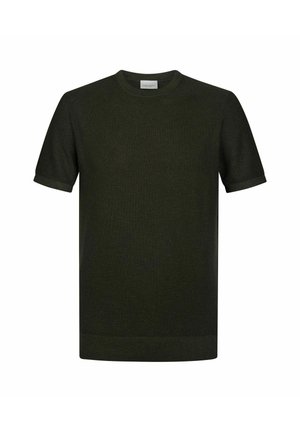 T-shirt en maille vert foncé à manches courtes avec un col rond, tissu texturé, et poignets et ourlet côtelés. Design simple et classique.