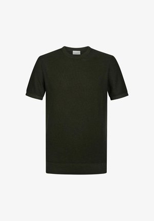 Donkergroen gebreid t-shirt met korte mouwen, een ronde hals, gestructureerde stof en geribbelde boorden en zoom. Eenvoudig, klassiek ontwerp.
