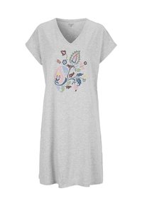 Ljusgrå V-ringad kortärmad klänning med flerfärgad blommig broderi centrerat på bröstet.