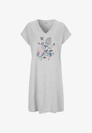 Hellgraues V-Ausschnitt-Kurzarmkleid mit buntem Blumenstickerei, die auf der Brust zentriert ist.