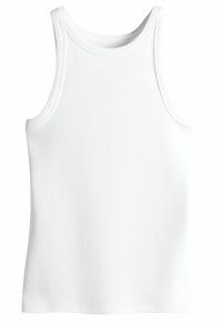 Valge ribatikudadega tank top, ümara kaelusega, ilma varrukateta ja sirge hemiga. Pehme tekstuur ja veidi veniv materjal.