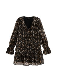 Czarna kwiecista bluzka z długimi rękawami, dekoltem w kształcie litery V i falbanami. Materiał jest lekki, z luźnym dołem i małymi wzorami kwiatowymi w kolorach beżowym i pomarańczowym.