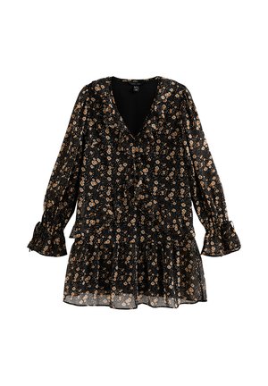 Zwarte blouse met bloemenprint, lange mouwen, een V-hals en ruches. Het materiaal is licht en heeft een vloeiende zoom met kleine bloemenpatronen in beige en oranje.