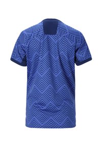 Blå sports skjorte med et geometrisk mønster af zigzag-linjer, korte ærmer og en ensfarvet navy blå krave. Fremstillet af letvægtsstof.