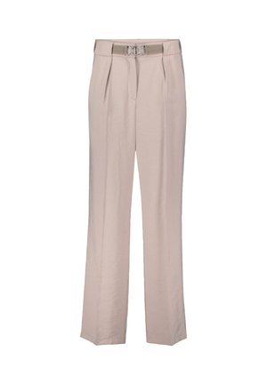 Beige high-waisted trousers with a wide-leg cut, featuring a belt with a silver circular buckle and pleated front details. Smooth fabric texture.