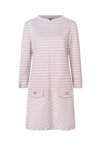 Flieder- und weiß kariertes Kleid mit Rundhalsausschnitt, Dreiviertelärmeln und zwei vorderen Taschen mit goldenen Akzenten. Strukturierter Stoff.