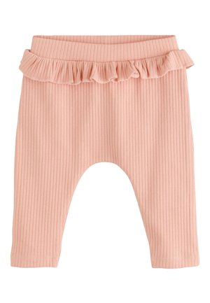 Różowe prążkowane legginsy z falbanką w pasie. Tkanina ma miękką fakturę z pionowymi paskami oraz zwężane nogawki.