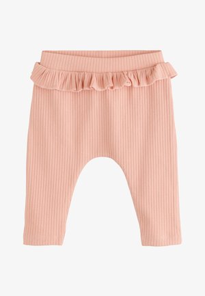 Roze geribbelde legging met een gerimpelde tailleband. De stof heeft een zachte textuur met verticale strepen en taps toelopende pijpen.
