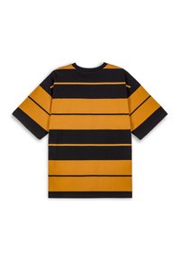 T-shirt met een ontspannen pasvorm, voorzien van afwisselende zwarte en oranje horizontale strepen, gemaakt van katoen met een soepele textuur en een ronde hals.