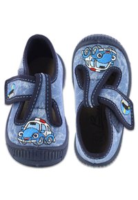 Blaue Denim-Kinderschuhe mit einem Klettverschluss und bestickten Polizeiautodesigns in Hellblau, Weiß und roten Akzenten. Strukturierte blaue Sohle.