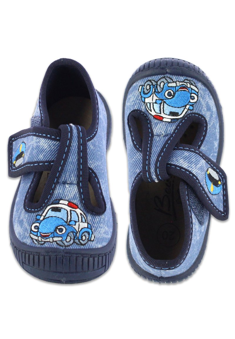 Blaue Denim-Kinderschuhe mit einem Klettverschluss und bestickten Polizeiautodesigns in Hellblau, Weiß und roten Akzenten. Strukturierte blaue Sohle.