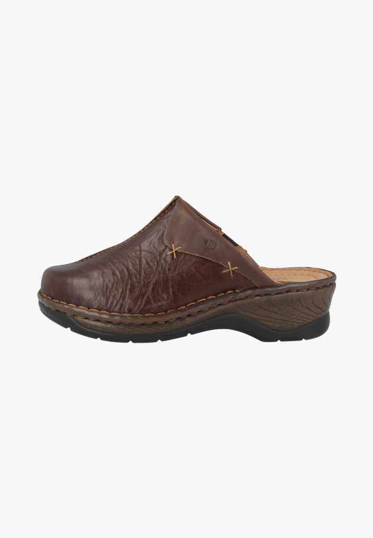 Brown leather clog featuring a raised back, curved front, decorative stitching, and a textured wedge sole. Accented with light-colored thread.