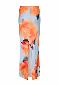Floral midi-rok van lichtgewicht stof, met een lichtblauwe achtergrond en grote oranje bloemen, en een zijsplit voor gemakkelijk bewegen.