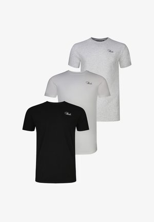 Drie effen crewneck-t-shirts in zwart, wit en lichtgrijs, elk met een klein, handgeschreven logo op de linkerborst.