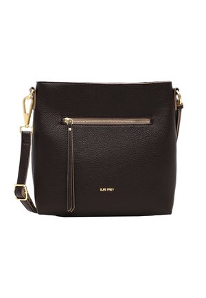 Sac bandoulière en cuir noir avec fermeture éclair dorée et sangle réglable, avec petit logo doré Suri Frey sur le devant.