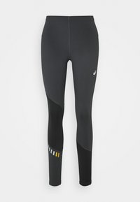 Leggings sportivi neri con un design aderente, superficie liscia e dettagli a blocchi di colore grigi e gialli vicino alla caviglia.