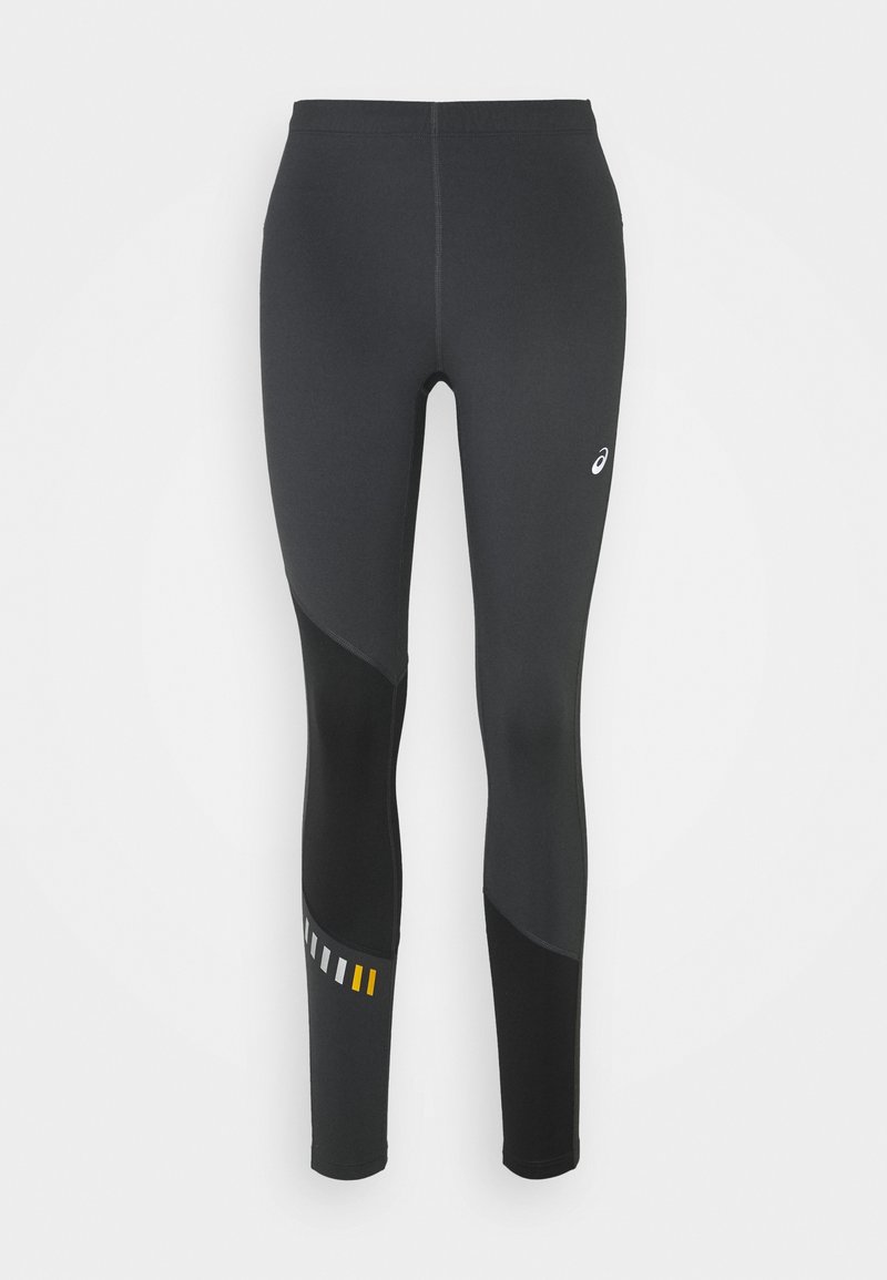 Leggings sportivi neri con un design aderente, superficie liscia e dettagli a blocchi di colore grigi e gialli vicino alla caviglia.