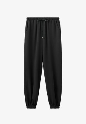 Zwarte joggingbroek met elastische tailleband, trekkoord, zijzakken en elastische boorden bij de enkels.